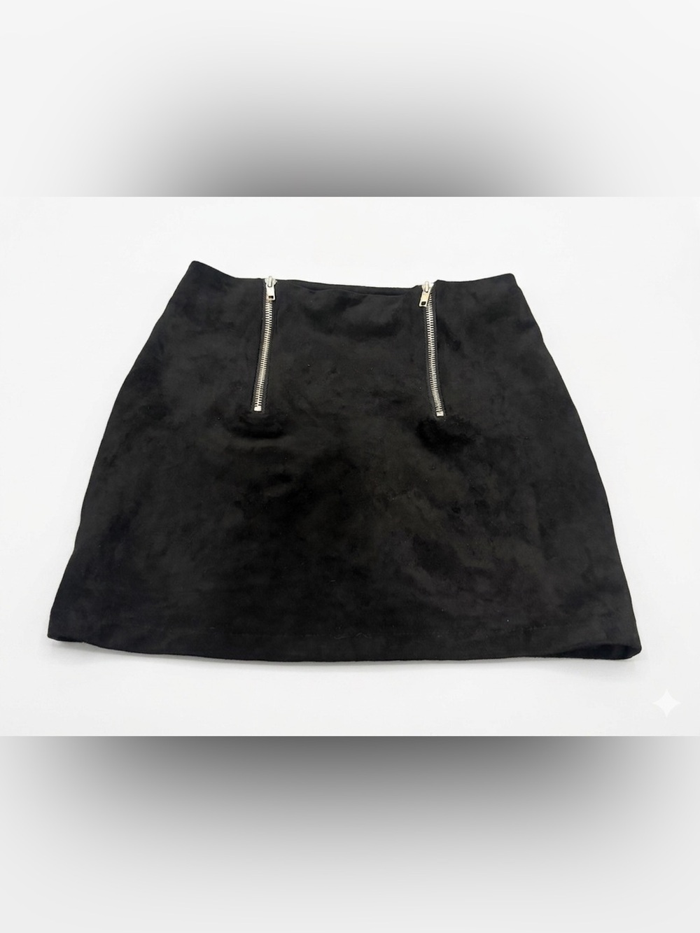 Black Mini Skirt with Dual Silver Zippers Faux Suede